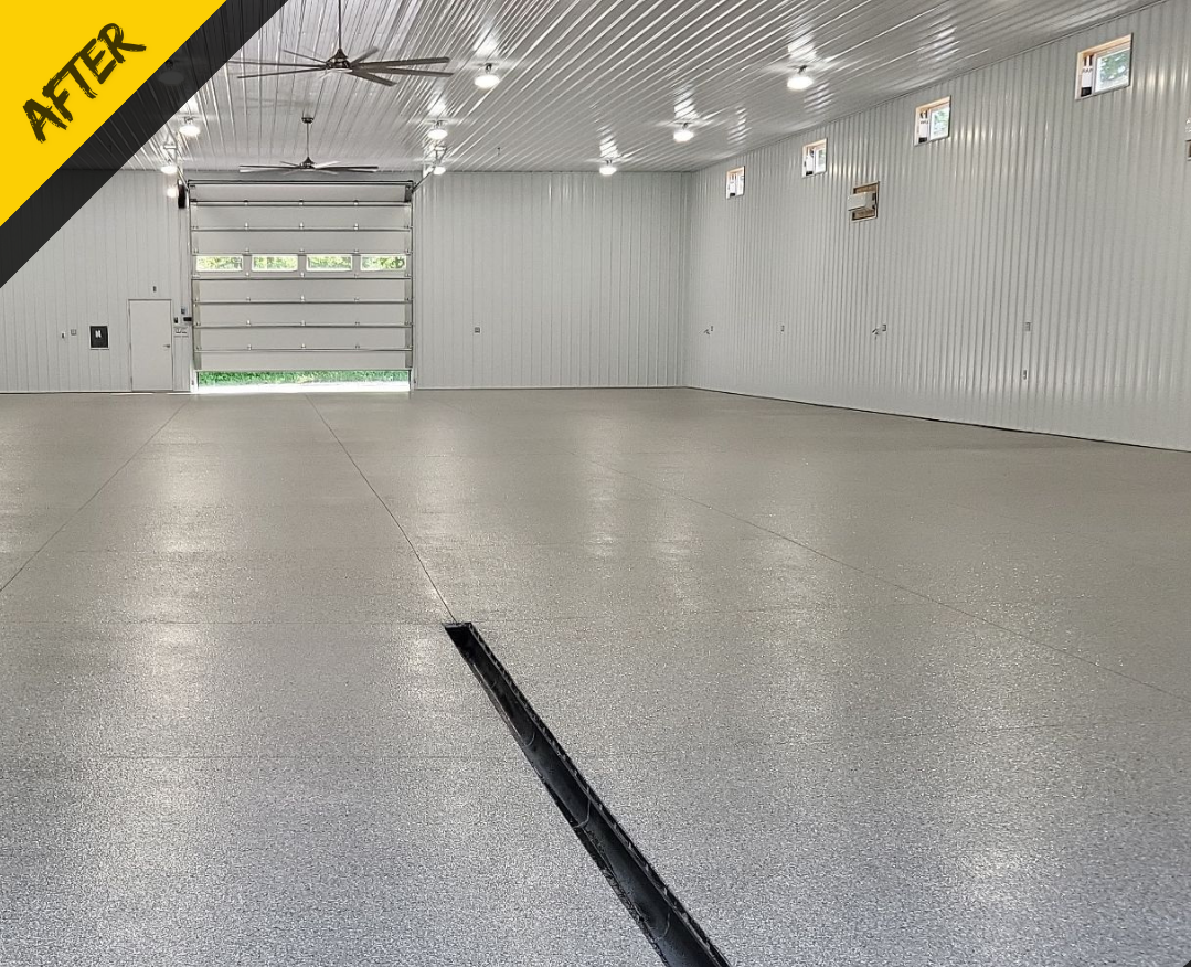 Commercial garage epoxy floor coating with flake finish in Kelowna BC
