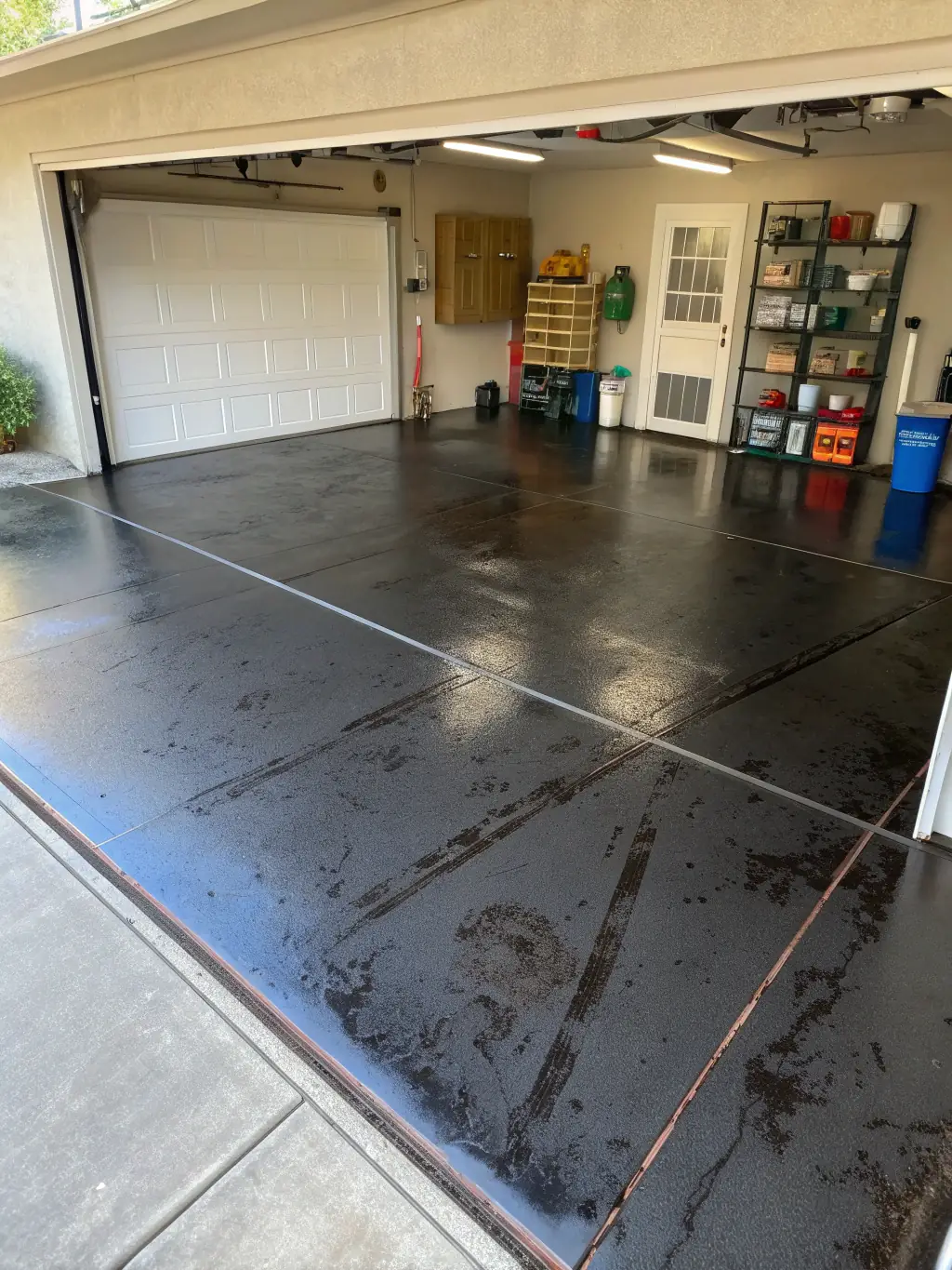 A photograph showing oil and chemical stains on a garage floor, emphasizing the issue of stains in automotive environments.