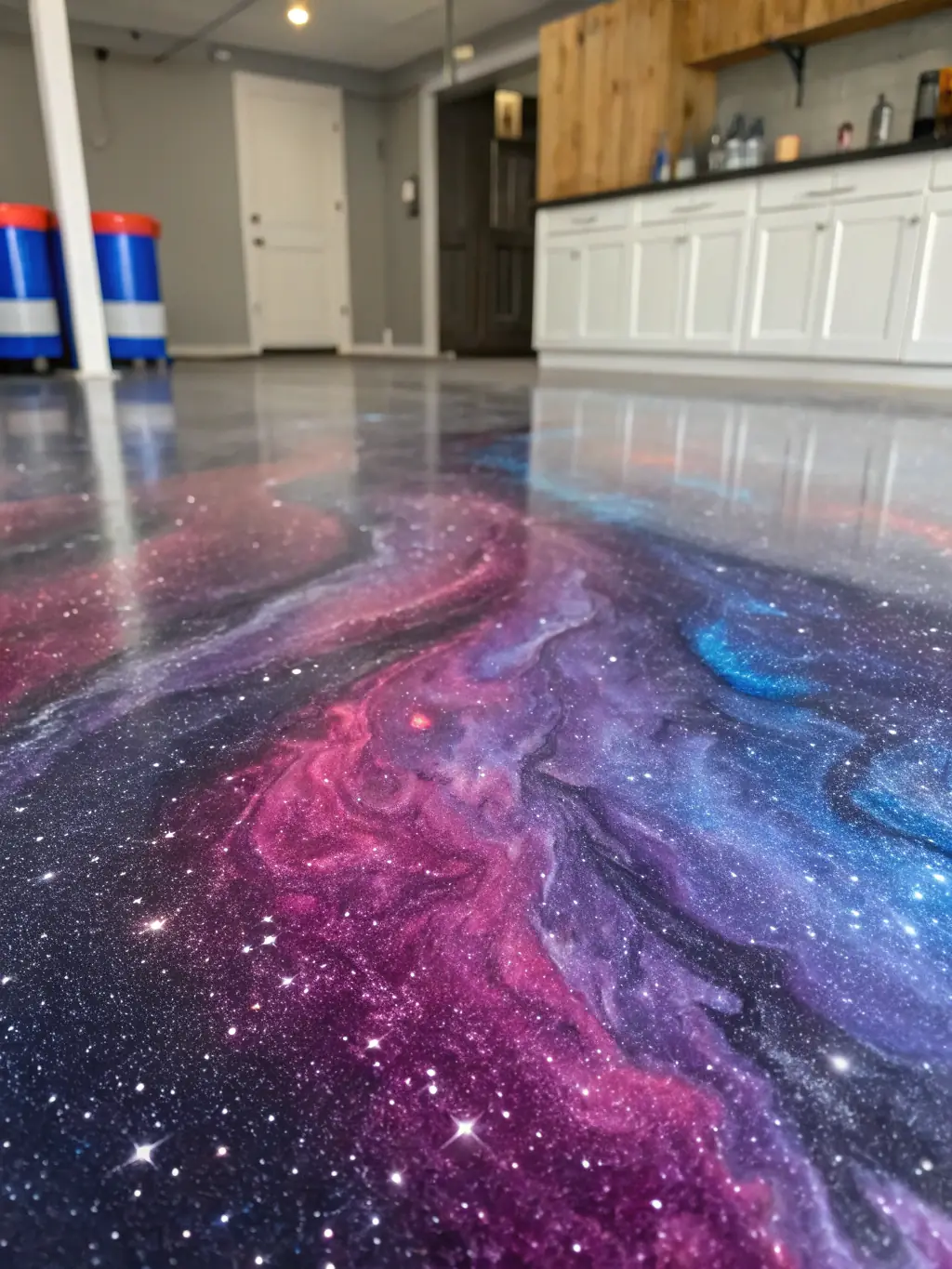 A close-up image of a metallic epoxy floor in a showroom, featuring swirling patterns and a high-gloss finish that reflects light, creating a luxurious and modern look.
