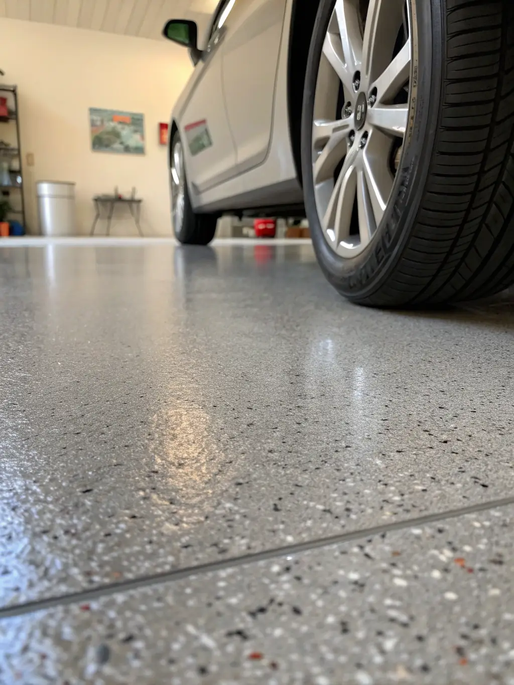A close-up shot of a concrete floor with visible dusting, illustrating the problem of concrete dusting in residential garages.