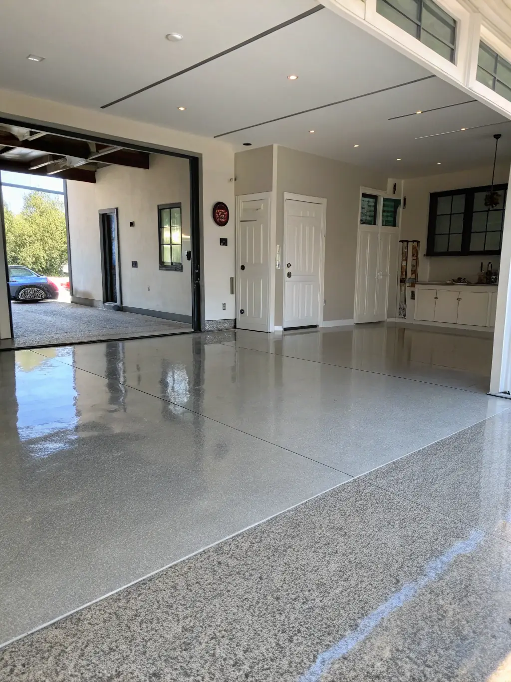 A high-resolution image of a residential garage floor coated with a flake epoxy system, showcasing a variety of colorful flakes embedded in a clear, glossy epoxy finish.
