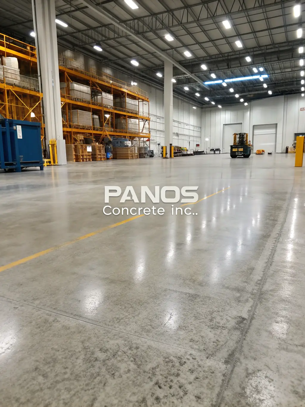 An image of a large commercial warehouse floor coated with a polyaspartic coating, showing its seamless, high-gloss finish and resistance to heavy traffic and chemical spills.
