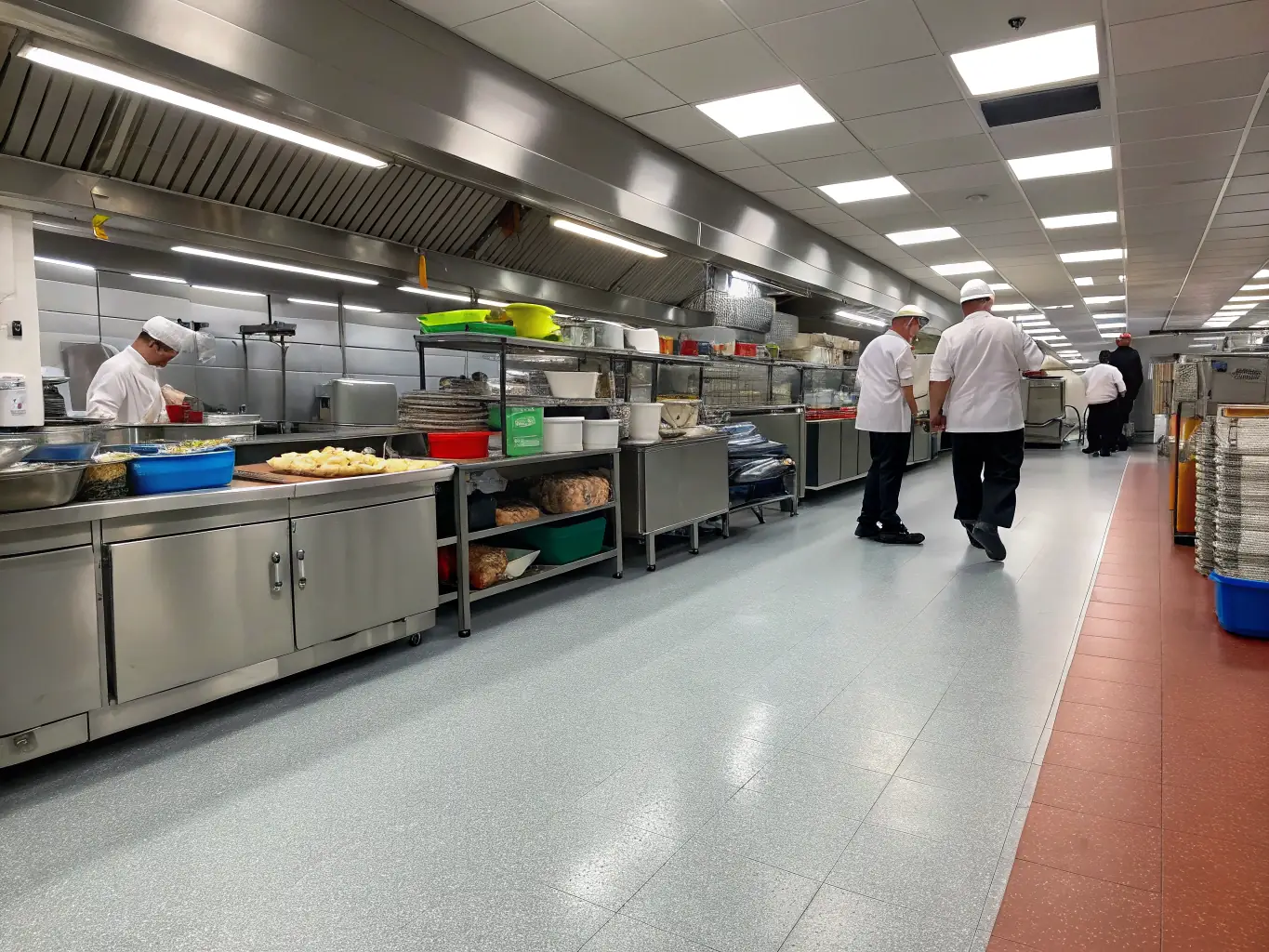 A commercial kitchen floor coated with a seamless, easy-to-clean epoxy coating. The image emphasizes the hygienic and practical benefits of the coating in a demanding environment.