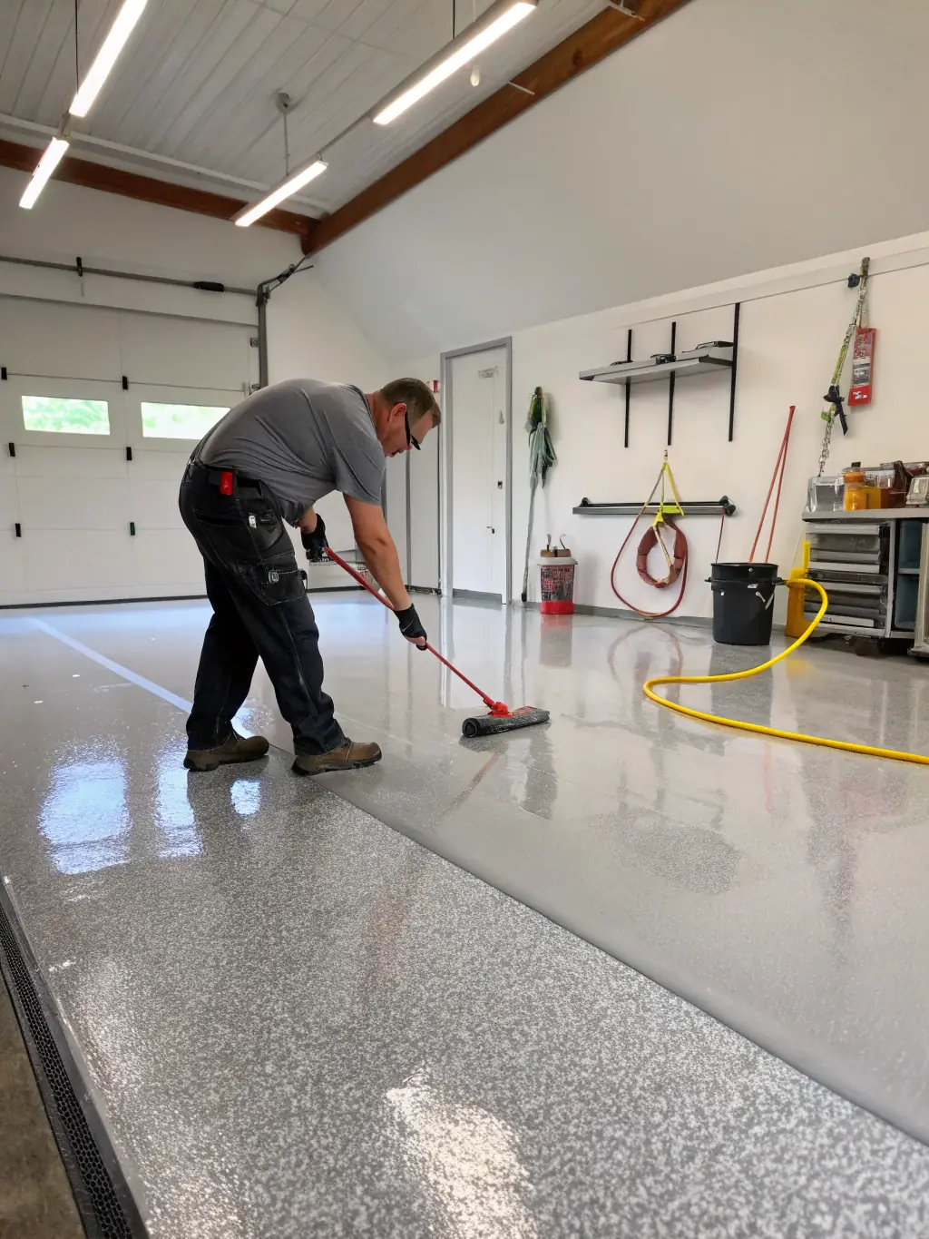A close-up shot of a warehouse floor being coated with a polyaspartic coating, emphasizing the seamless and glossy finish.