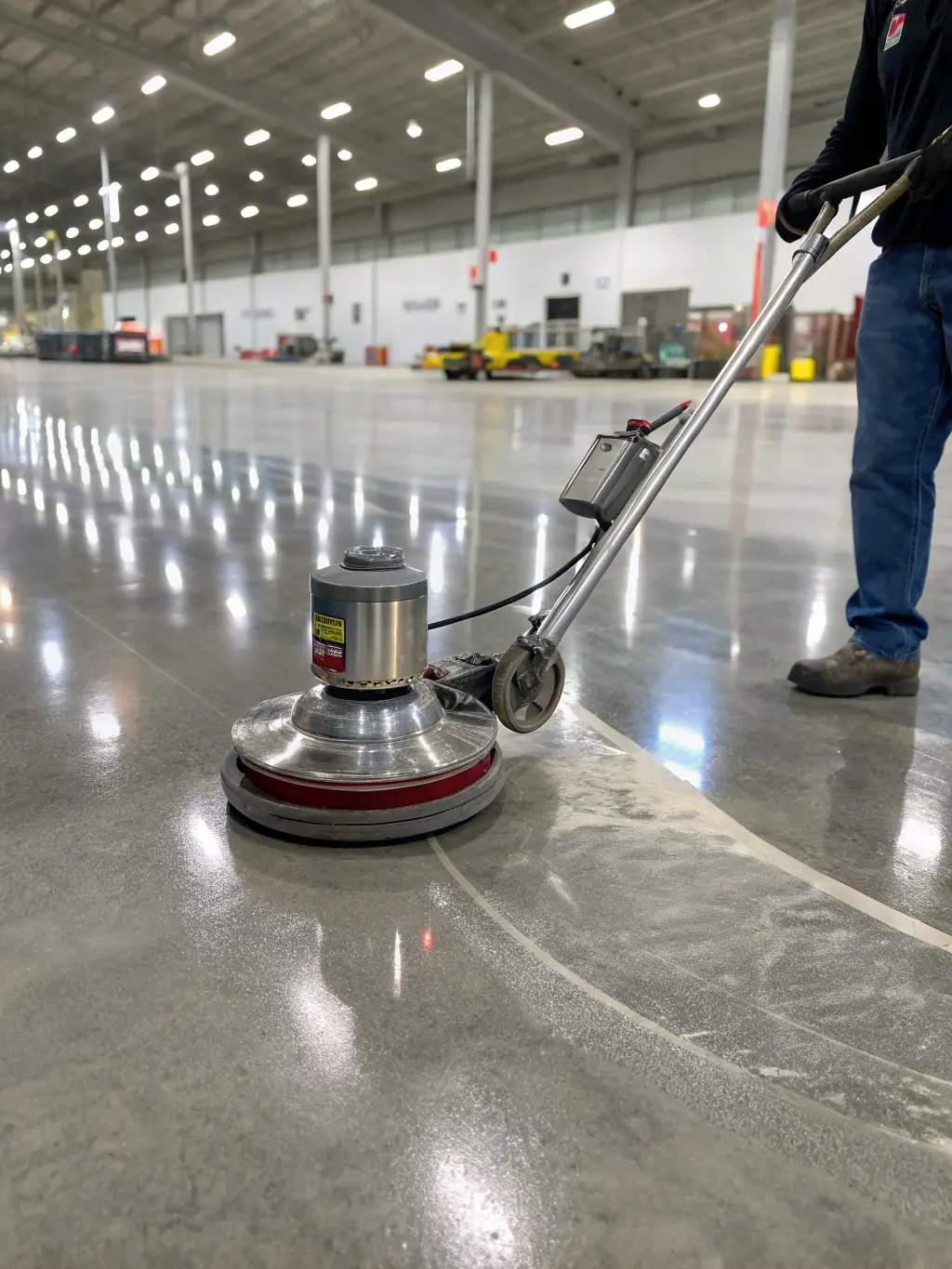 A shot of a concrete floor being polished, showcasing the smooth and shiny surface achieved through the polishing process.