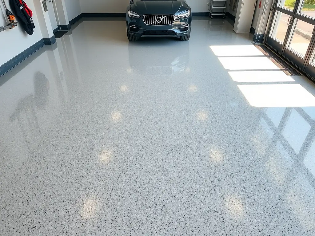 A professionally installed flake epoxy garage floor coating, showcasing a clean and organized residential garage space. The image highlights the durability and aesthetic appeal of the coating.