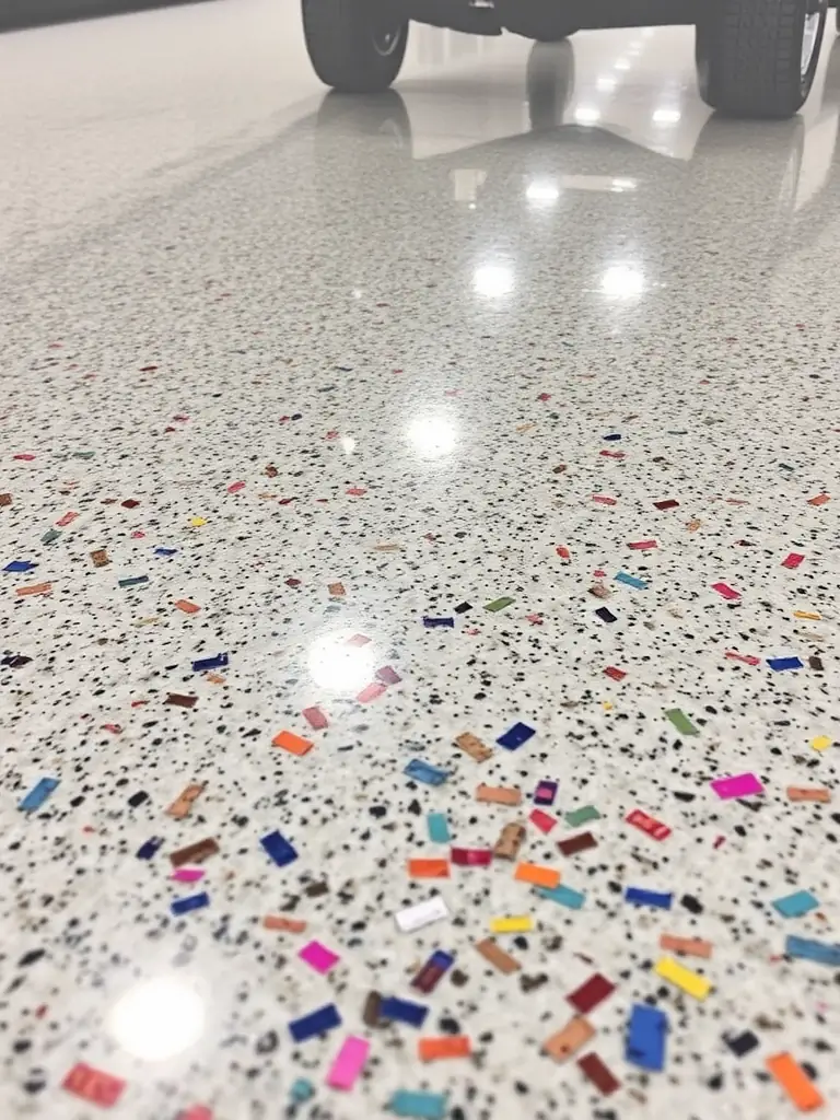 A close-up shot of a garage floor being coated with a flake epoxy system, showcasing the vibrant color and texture of the flakes.