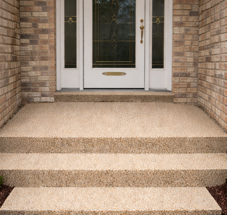 Pebblestone epoxy coated front landing and stairs with decorative stone finish.