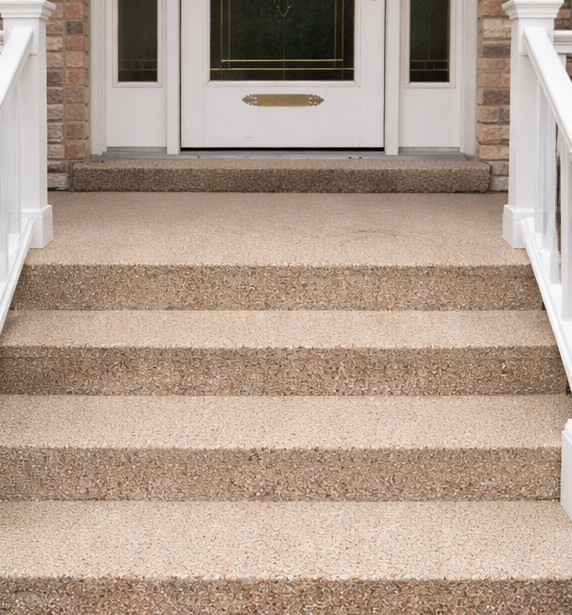 Light tan quartz epoxy front landing and staircase resurfacing on residential home.
