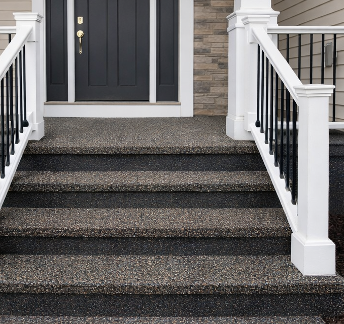 Quartz epoxy coated front steps and landing in charcoal blend finish on residential home entrance.