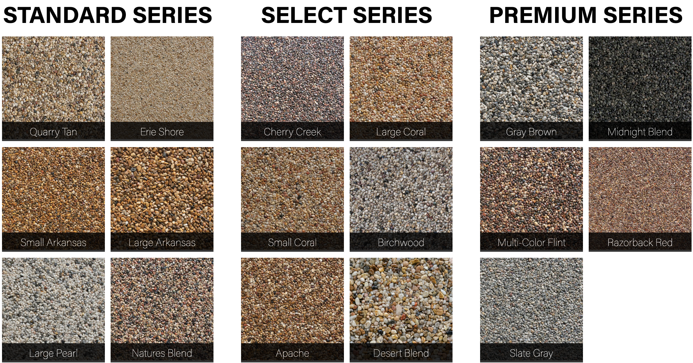 Pebblestone epoxy color chart showing standard, select and premium decorative stone blends for concrete landings and stairs.
