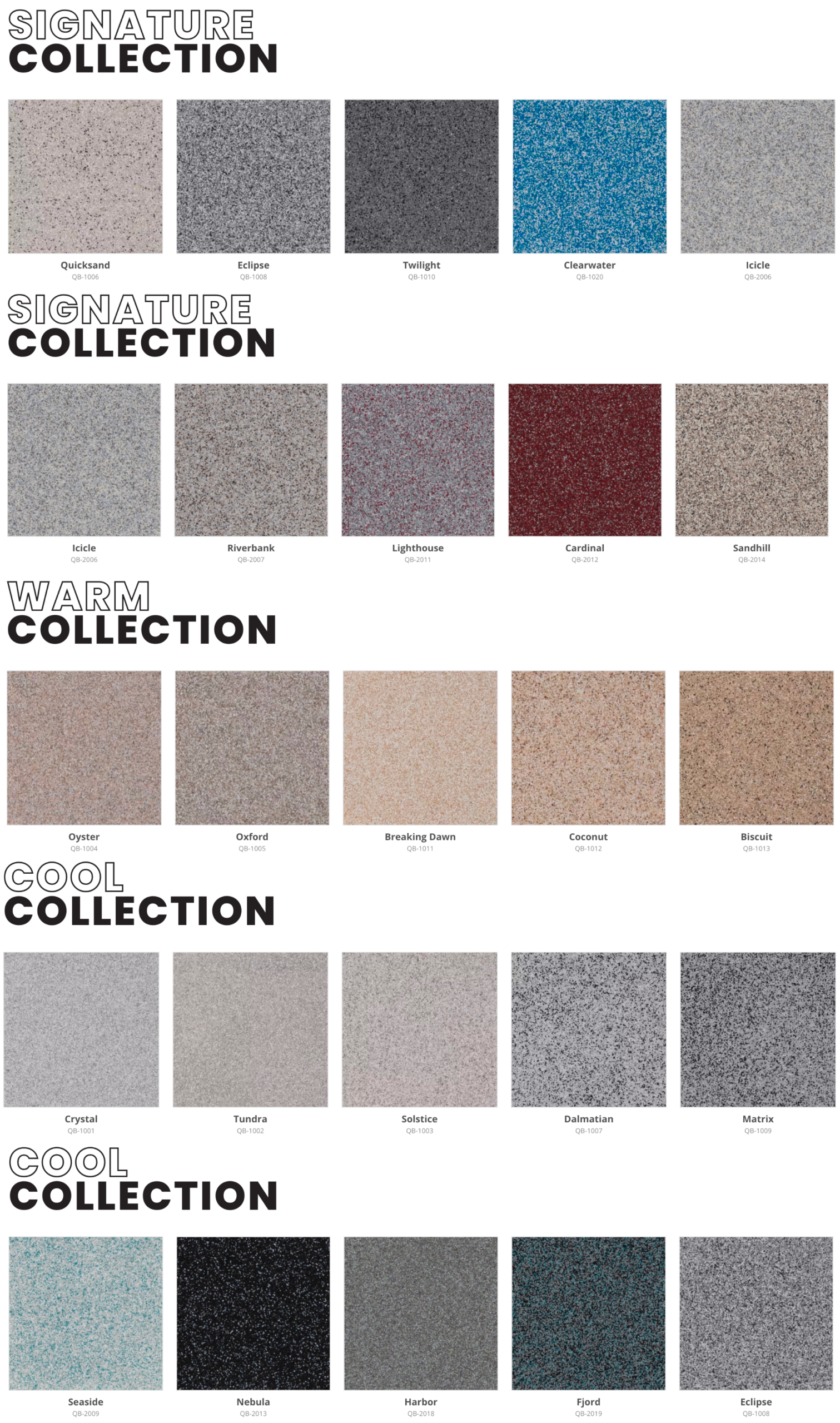 Quartz epoxy color collection chart featuring signature, warm and cool decorative floor coating blends.