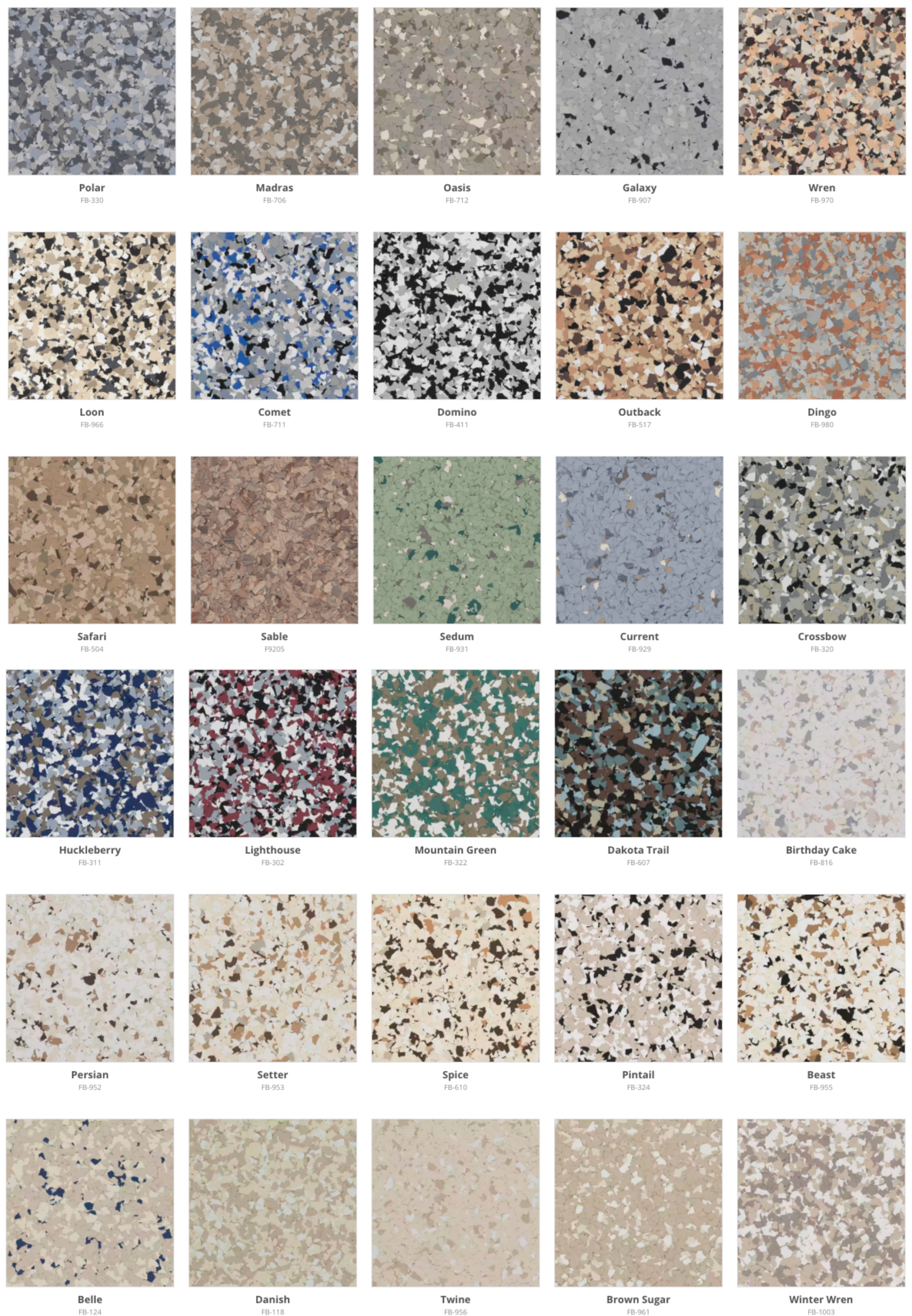 Earth tone and cream epoxy flake color options for coated concrete floors in Kelowna, BC